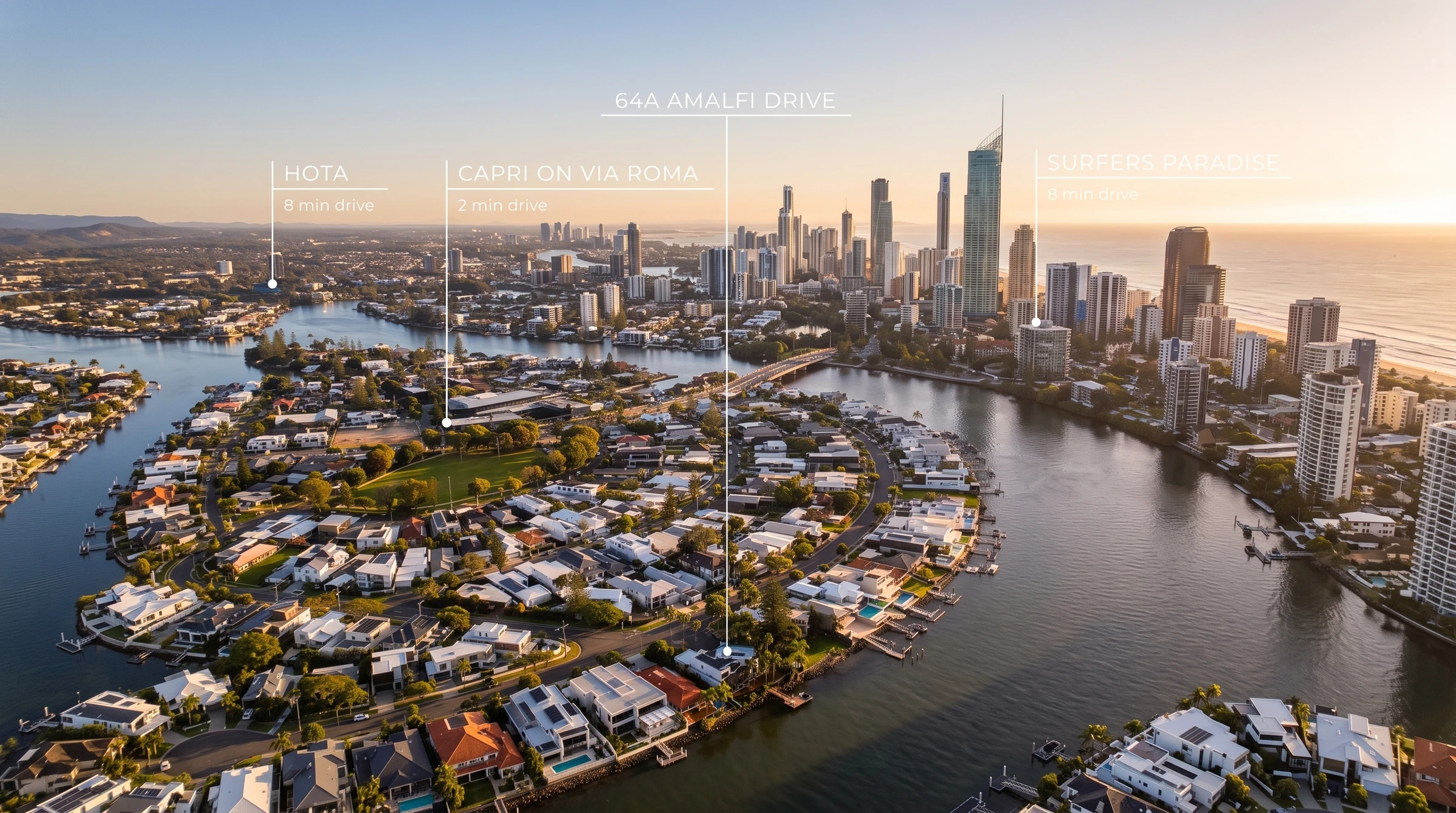 Aerial view of 64A Amalfi Drive and the Surfers Paradise skyline, with property and nearby landmark pins