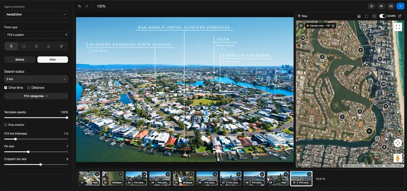 Aerial Editor with location pins, drive times and a loaded satellite map